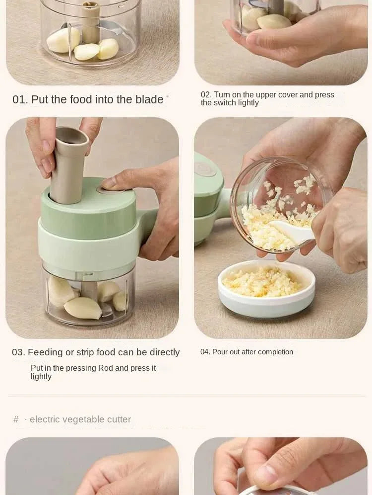 Step-by-step use of a green electric food chopper mincing garlic cloves into a small bowl