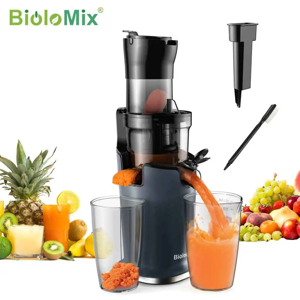 Espremedor Lento BioloMix 200W - Extrator Sumos Prensagem Frio Frutas Vegetais Abertura 78mm