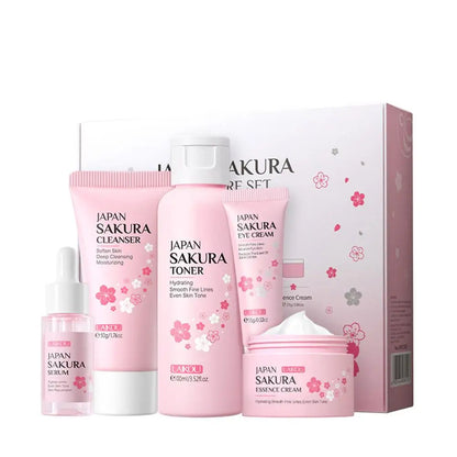 Kit de cuidado de la piel LAIKOU Sakura (5/3 piezas): crema, sérum, tónico, limpiador, protector solar, contorno de ojos y set de regalo.