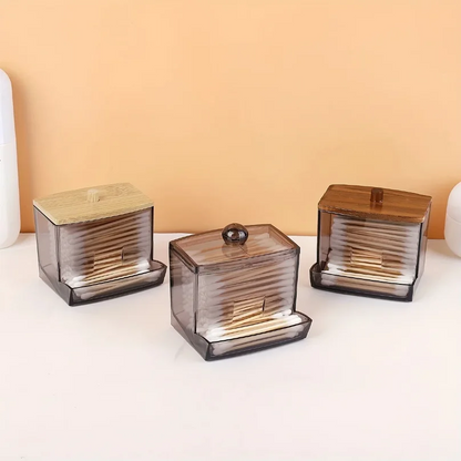 Porta Cotonetes Acrílico com Tampa de Bambu - Organizador Dispensador Transparente Casa de Banho