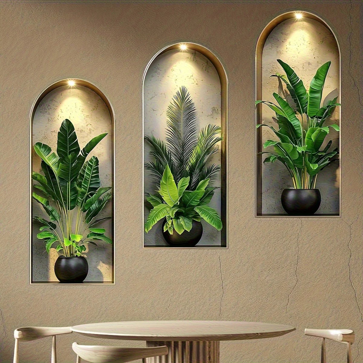 Autocolante Parede Janela Arco Plantas Verdes Nórdico PVC - Decoração Sala Quarto Escritório