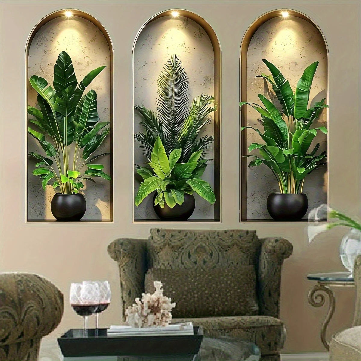 Autocolante Parede Janela Arco Plantas Verdes Nórdico PVC - Decoração Sala Quarto Escritório