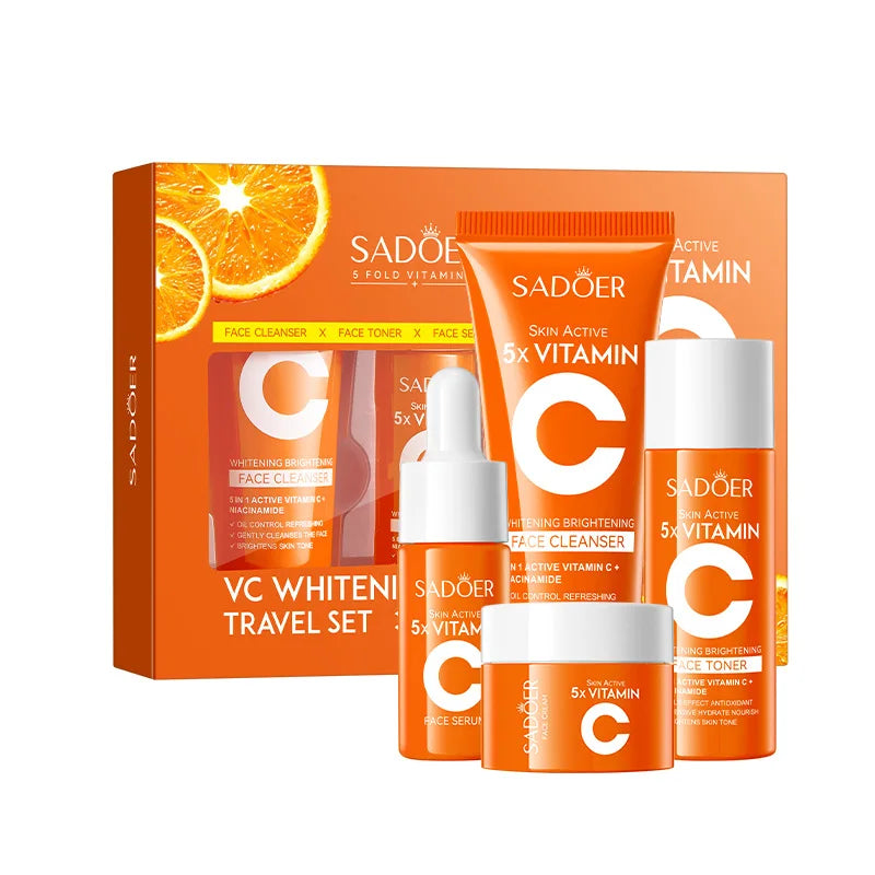 Kit de cuidado de la piel con vitamina C: 5 piezas | Limpiador, tónico, esencia, crema e hidratante | Set de viaje portátil