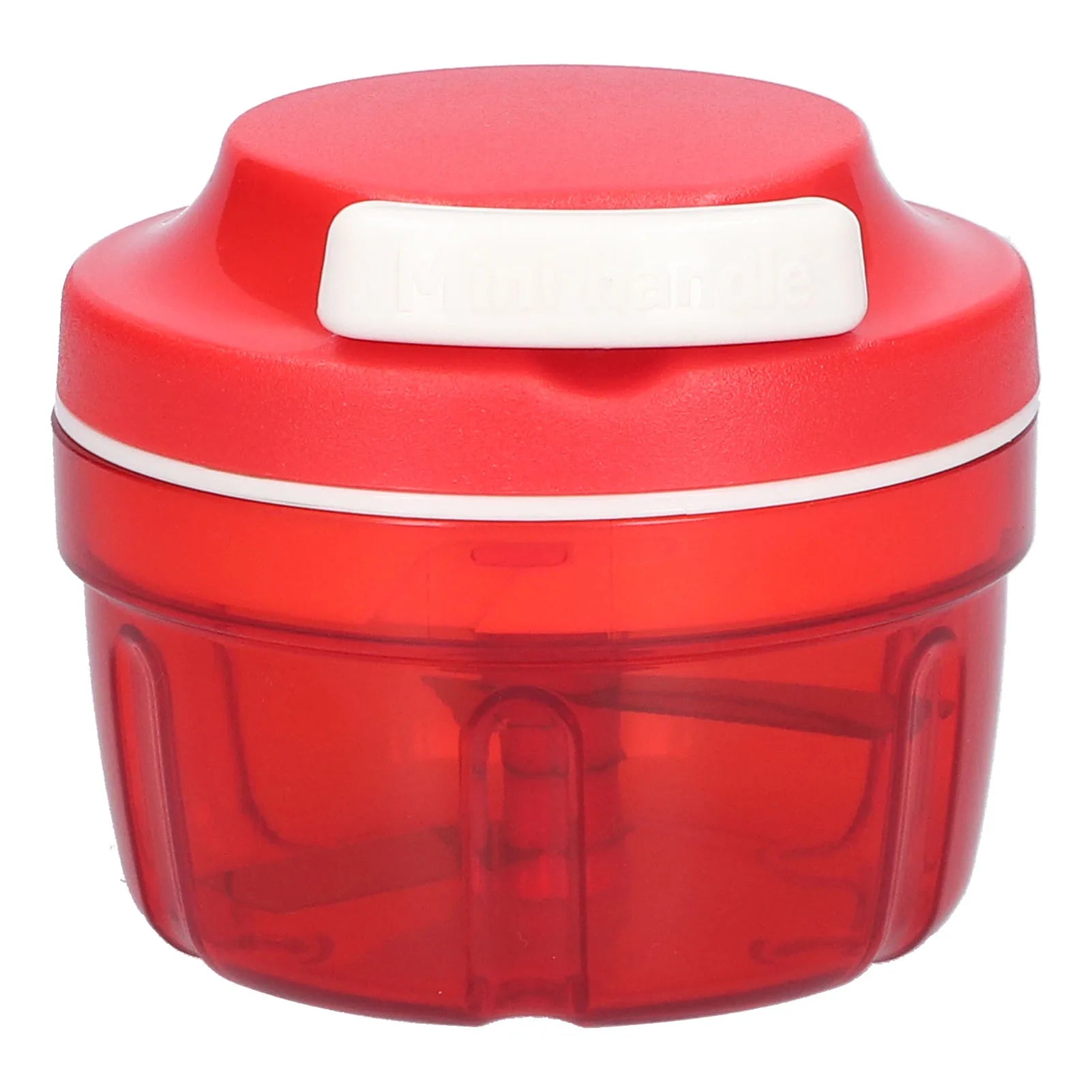 Compact red manual food chopper with translucent container and white handle button