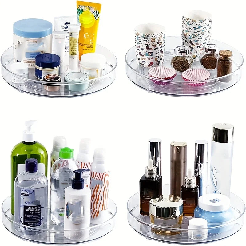 Four clear plastic rotating organizer trays holding skincare, beauty products, and spices on white background