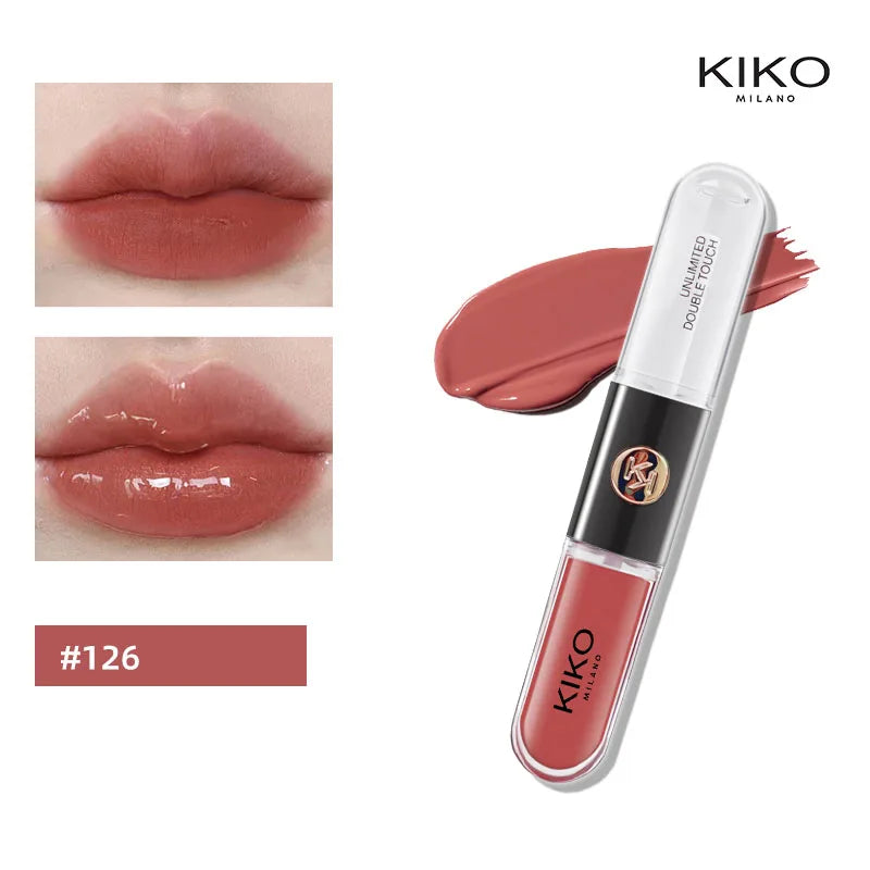 Lápiz labial doble KIKO con brillo de labios espejado: hidratante, duradero y de acabado lujoso.
