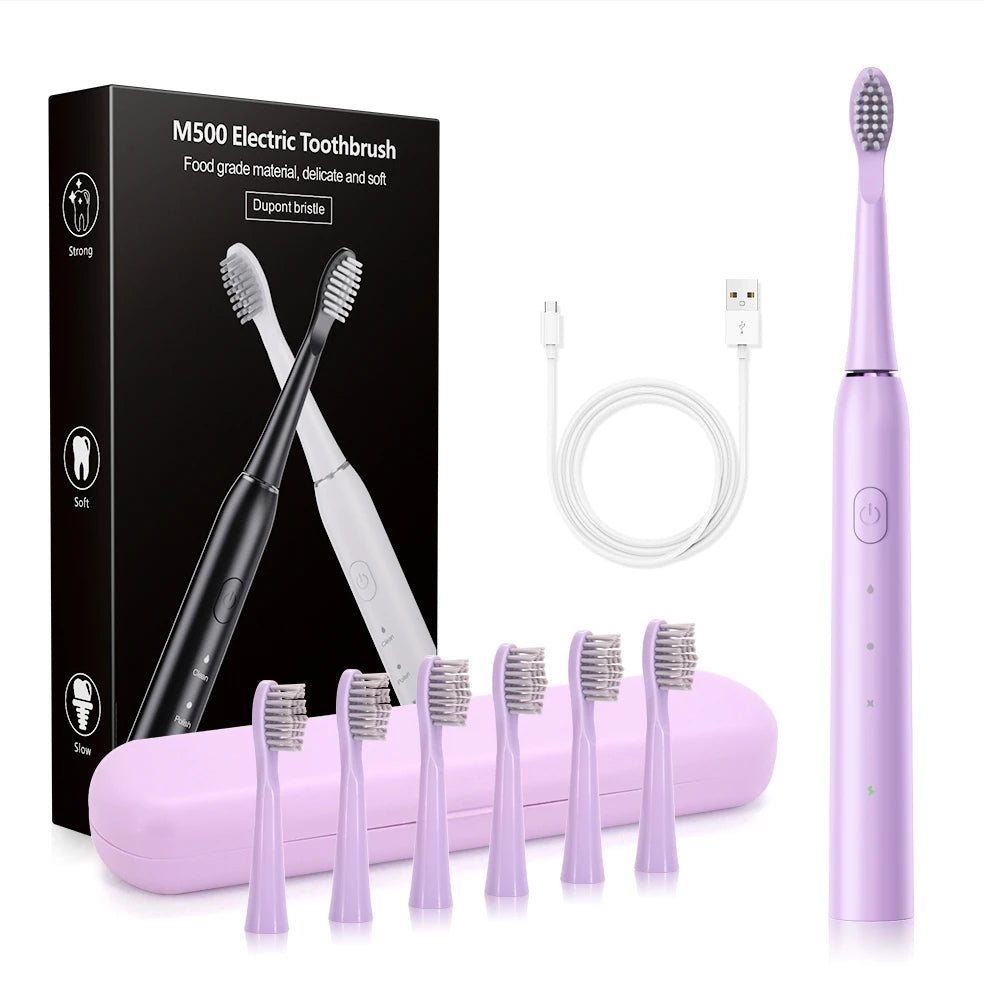 Cepillo de dientes eléctrico sónico con 6 cabezales: temporizador inteligente y blanqueamiento dental.
