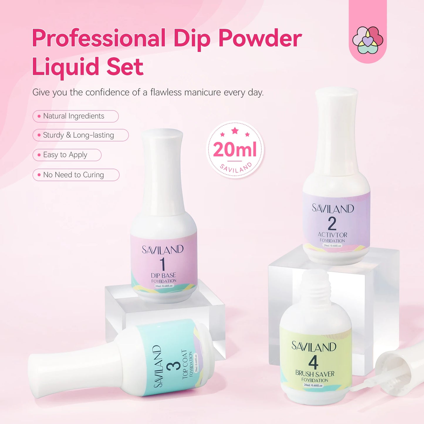 Kit de polvos líquidos de secado rápido: base, activador y capa superior para manicuras profesionales.