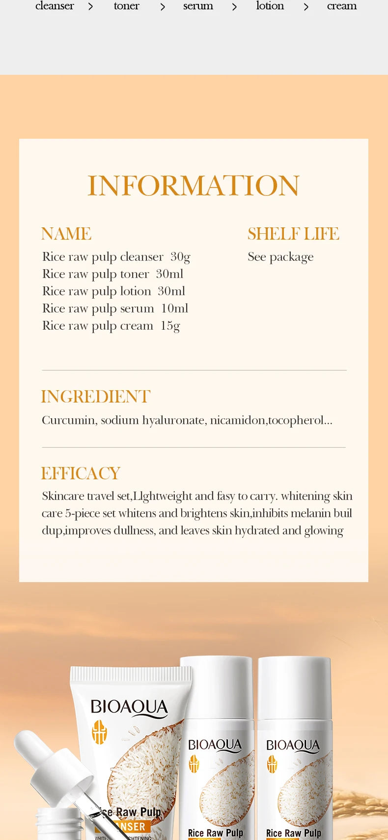 Set de cuidado de la piel con arroz BIOAOUA: limpiador, tónico, esencia, loción y crema hidratante iluminadora.