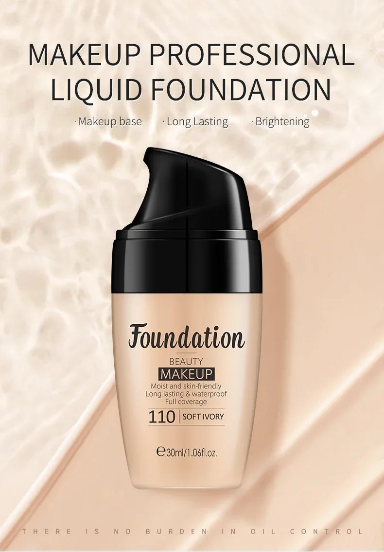 Professional liquid foundation bottle in Soft Ivory shade on creamy background, long lasting and waterproof