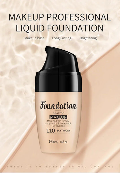 Professional liquid foundation bottle in Soft Ivory shade on creamy background, long lasting and waterproof