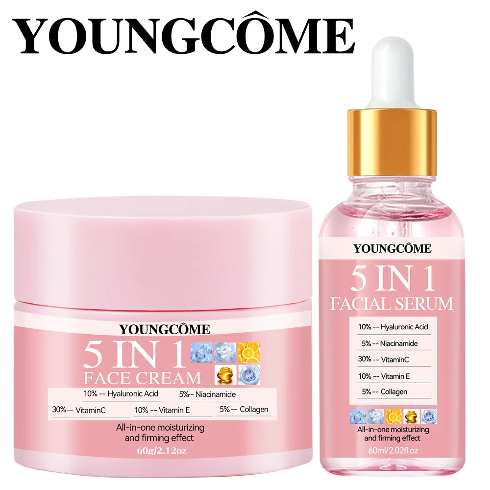 Kit Sérum Creme 5 em 1 Anti-Idade - Clareamento Rugas Firmeza Poros Hidratação Facial