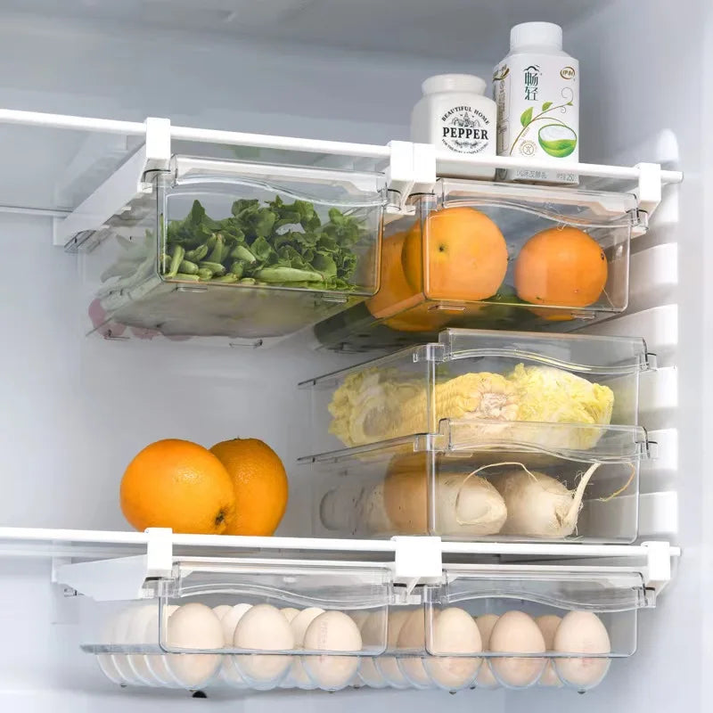 Kitchen Storage Box – Transparent Organizer for Fruits, Vegetables, Eggs, and Food | Sliding Drawer for Refrigerator Shelf