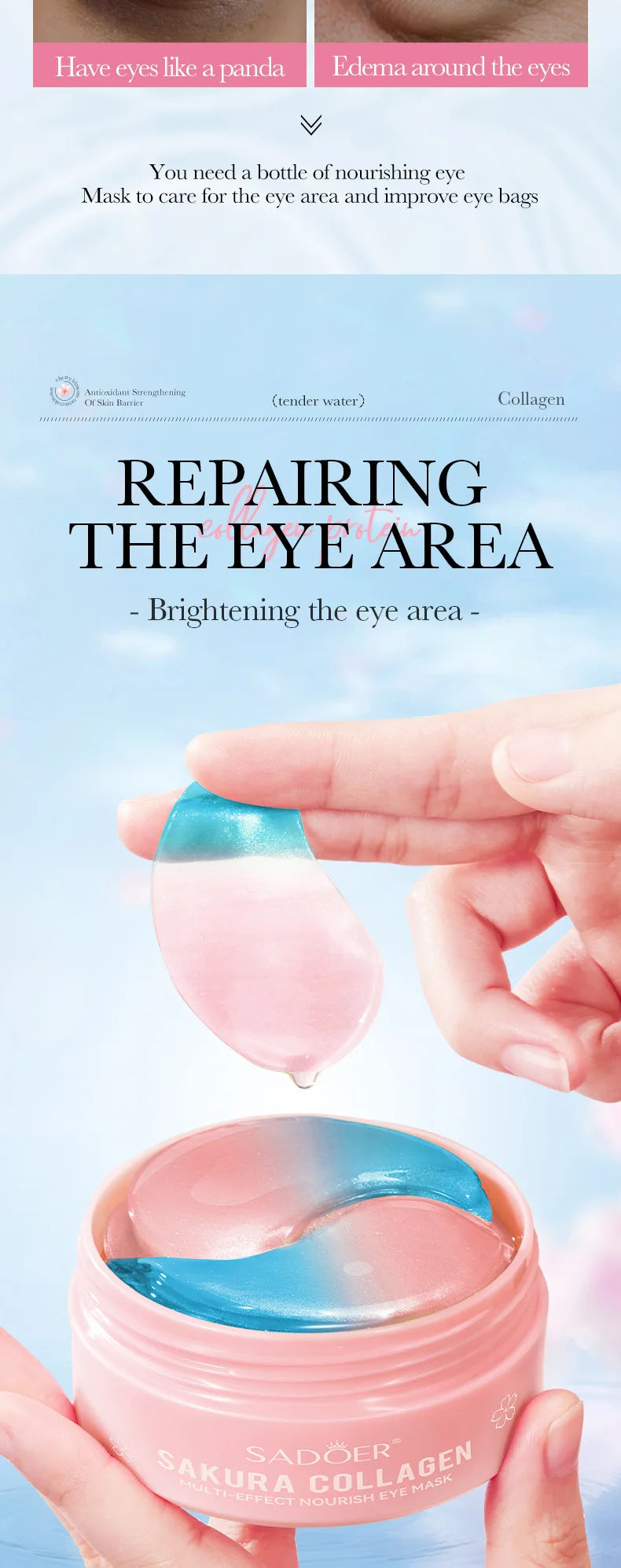 Mascarillas de colágeno para ojos SADOER Sakura (60 unidades): antiojeras, antihinchazón, hidratantes y reafirmantes.