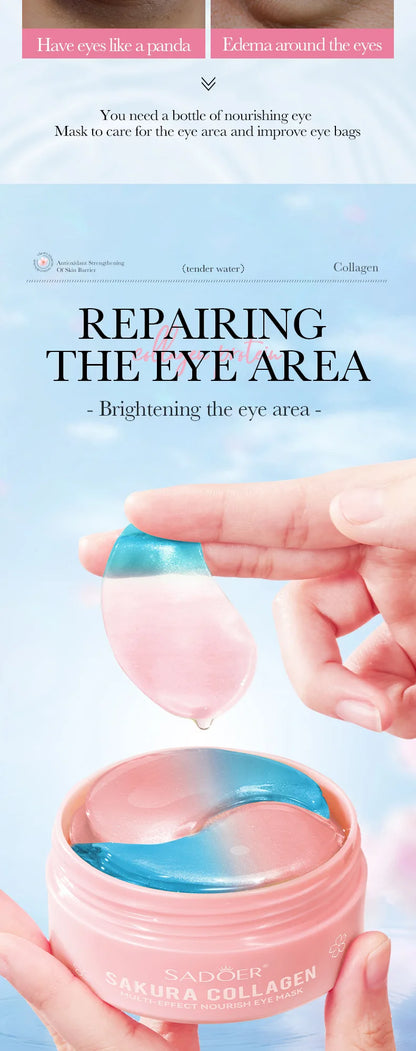 Mascarillas de colágeno para ojos SADOER Sakura (60 unidades): antiojeras, antihinchazón, hidratantes y reafirmantes.