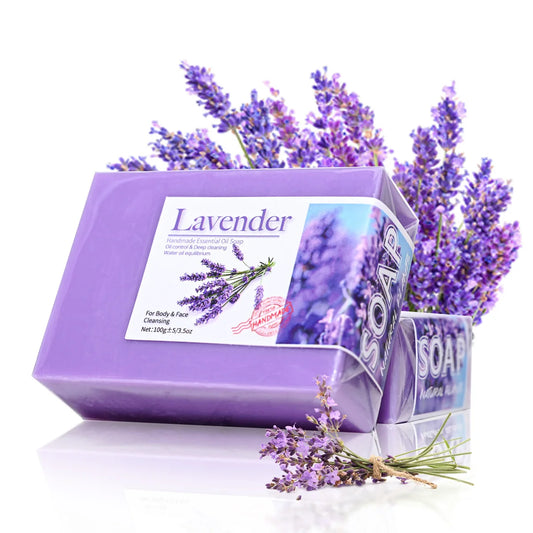 Jabón artesanal de lavanda (100 g): aceite esencial, vitamina C vegetal, limpiador facial, cúrcuma, unifica el tono de la piel.