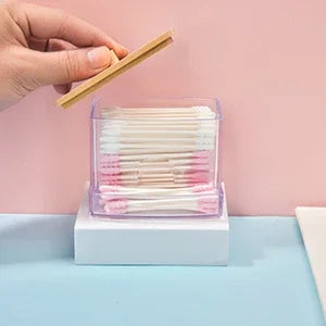 Porta Cotonetes com Tampa de Bambu – Dispensador de Cotonetes | Recipiente Transparente em Plástico com Tampa de Bambu | Organizador para Casa de Banho