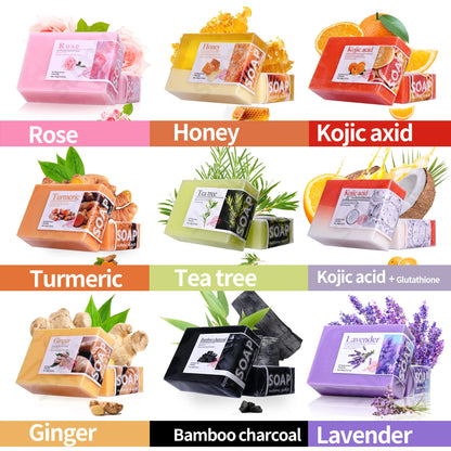 Jabón artesanal de lavanda (100 g): aceite esencial, vitamina C vegetal, limpiador facial, cúrcuma, unifica el tono de la piel.