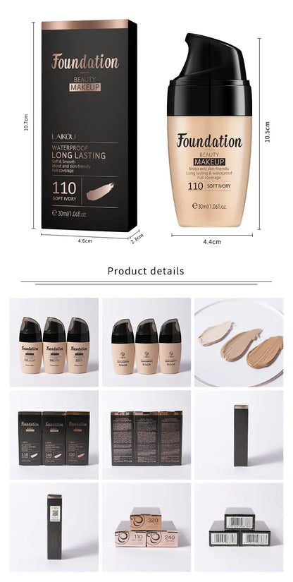 Laikou waterproof long-lasting makeup foundation in soft ivory shade with pump bottle and black packaging