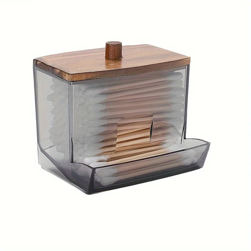 Porta Cotonetes Acrílico com Tampa de Bambu - Organizador Dispensador Transparente Casa de Banho