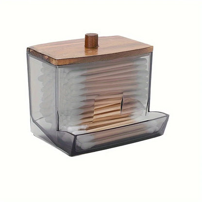 Porta Cotonetes Acrílico com Tampa de Bambu - Organizador Dispensador Transparente Casa de Banho