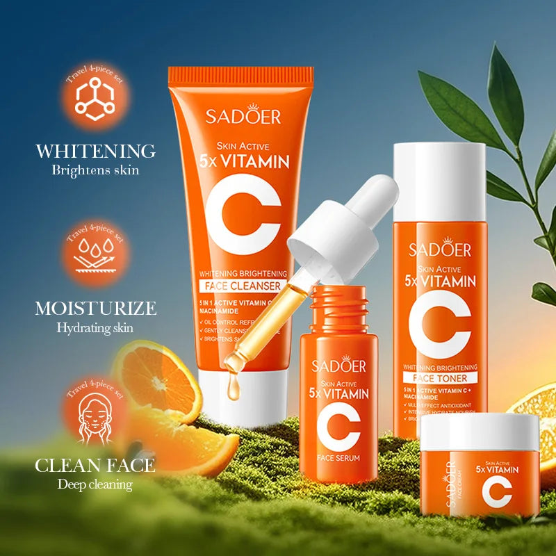 Kit de cuidado de la piel con vitamina C: 5 piezas | Limpiador, tónico, esencia, crema e hidratante | Set de viaje portátil