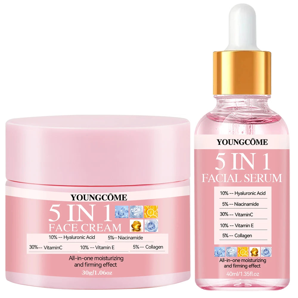 Kit Sérum Creme 5 em 1 Anti-Idade - Clareamento Rugas Firmeza Poros Hidratação Facial