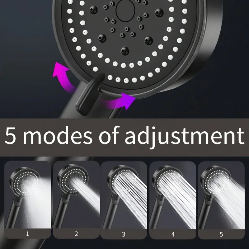 Chuveiro de Mão de Alta Pressão com Suporte e Mangueira – 5 Modos de Jato Ajustáveis | Acessório Redondo para Casa de Banho