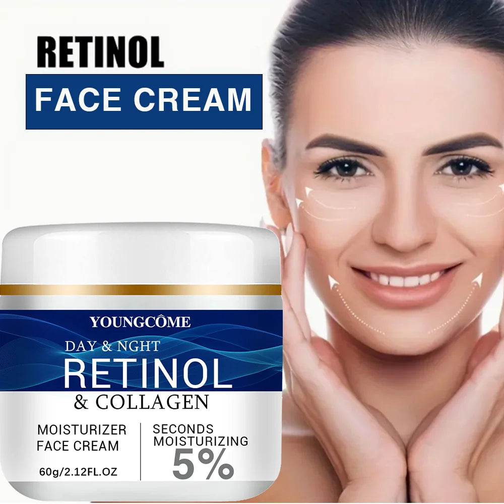 Crema facial con colágeno, retinol y ácido hialurónico: antiedad, reafirmante, lifting, líneas de expresión, iluminadora e hidratante.