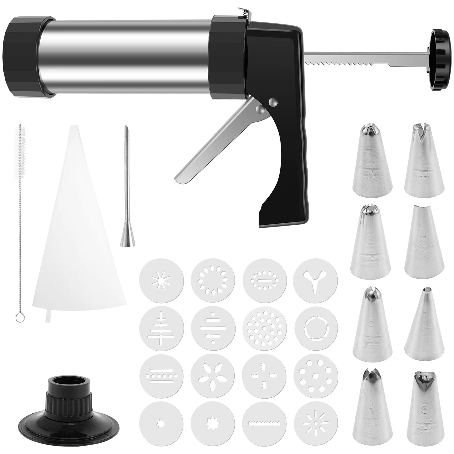 Kit Pistola Biscoitos Aço Inox com 16 Discos e 8 Bicos - Prensa Cookies Profissional