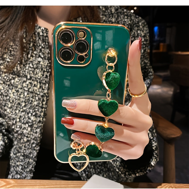 Luxury iPhone Case with Metal Chain Bracelet – Lens and Back Protection, Compatible with iPhone 14/13/12/11/XR/XS/X/8/7/SE, Heart-Shaped Design