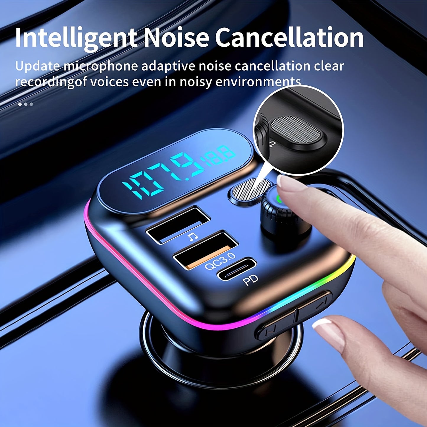 Car Adapter with Wireless FM Transmitter, Bluetooth 5.0, MP3 Player, QC3.0 USB Charger + 20W PD, 7-Color LED