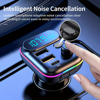 Car Adapter with Wireless FM Transmitter, Bluetooth 5.0, MP3 Player, QC3.0 USB Charger + 20W PD, 7-Color LED
