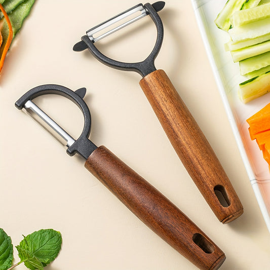Descascador de Legumes em Aço Inoxidável com Cabo de Madeira de Cânfora – Peeler Multiuso para Frutas e Vegetais, Ralador e Fatiador Ergonômico, Durável para Batatas, Cenouras e Pepinos