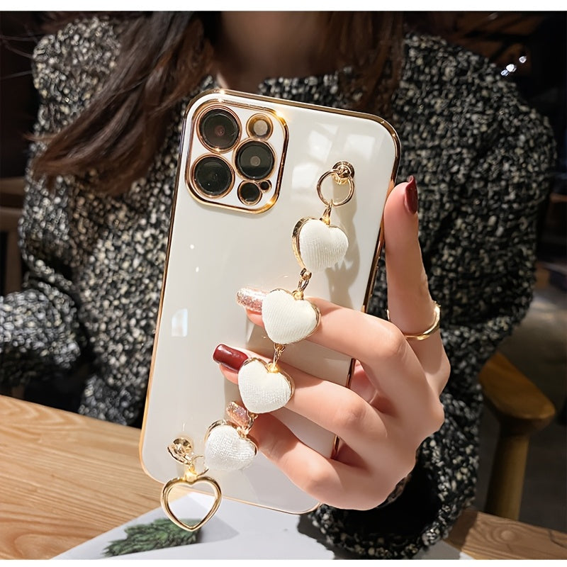 Luxury iPhone Case with Metal Chain Bracelet – Lens and Back Protection, Compatible with iPhone 14/13/12/11/XR/XS/X/8/7/SE, Heart-Shaped Design