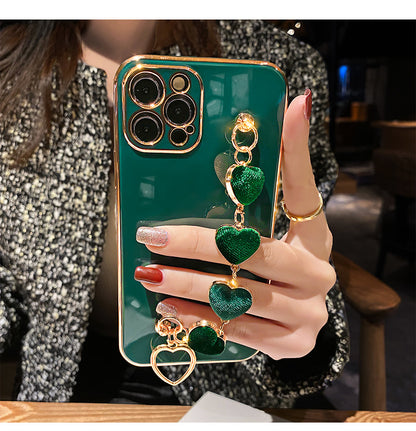 Luxury iPhone Case with Metal Chain Bracelet – Lens and Back Protection, Compatible with iPhone 14/13/12/11/XR/XS/X/8/7/SE, Heart-Shaped Design