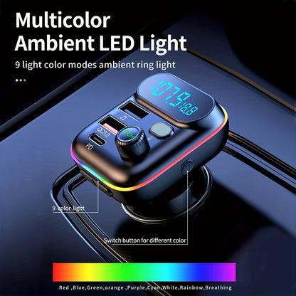Car Adapter with Wireless FM Transmitter, Bluetooth 5.0, MP3 Player, QC3.0 USB Charger + 20W PD, 7-Color LED
