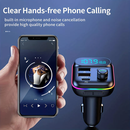 Car Adapter with Wireless FM Transmitter, Bluetooth 5.0, MP3 Player, QC3.0 USB Charger + 20W PD, 7-Color LED